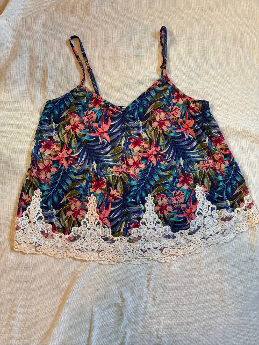 Jolt Tropical Floral Lace-Hem Cami in Blue and Pink